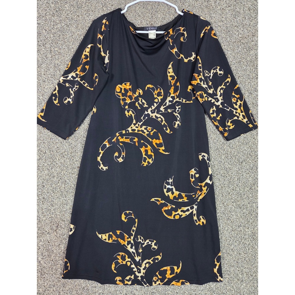 Venus Midi Sheath Dress Womens Medium Black Leopard Print Scroll 3/4 Sleeve